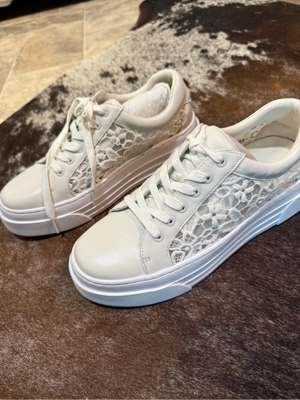 J Slides Women’s Lace Panel Platform Sneakers - White